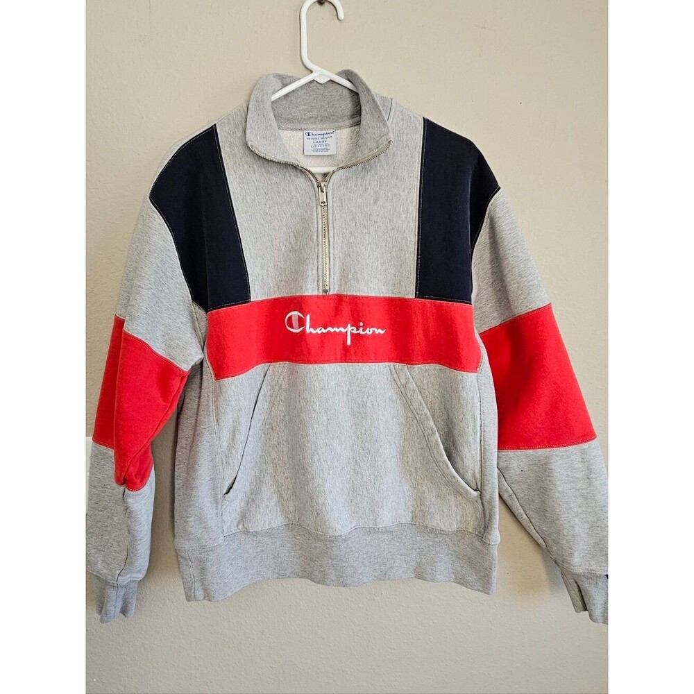 Vintage Inspired Champion Gray Zip-Up Sweater with Red & Navy Colorblocks